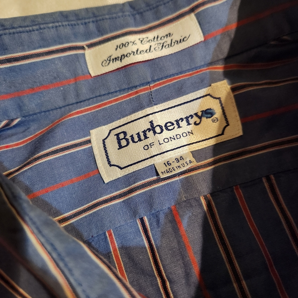 Vintage Burberrys of London Button Up Shirt Blue Stripe USA Made Cotton
